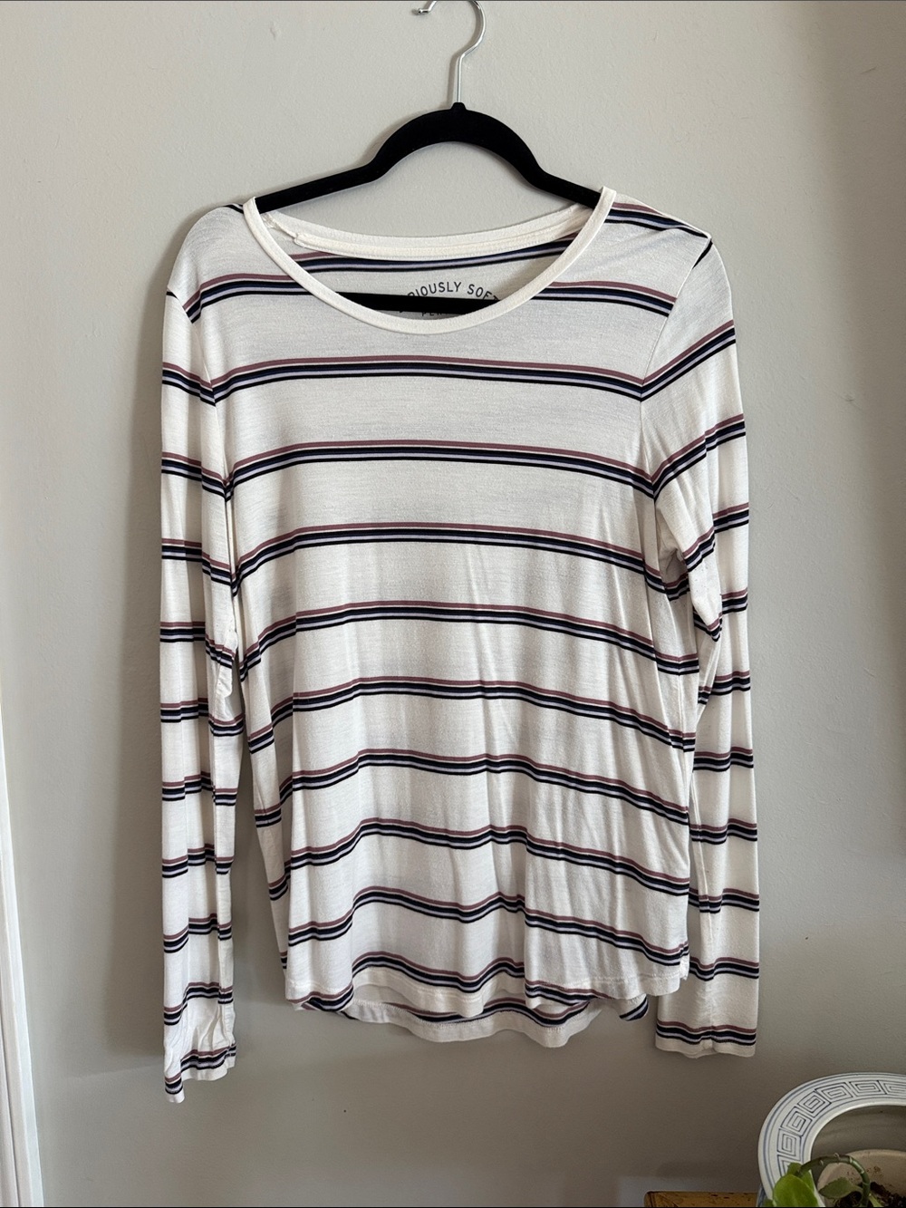 Aeropostale White Long-Sleeve Tee with Navy & Burgundy Stripes